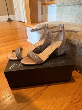 Betsey Johnson Taupe Glitter Block Heel Sandals with Rhinestones